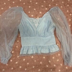 miami Light Blue Sheer Puff Sleeve Peplum Top